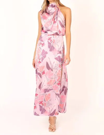 Petal And Pup Amelia Halterneck Floral Sleeveless Satin Maxi Dress In Pink In Multi