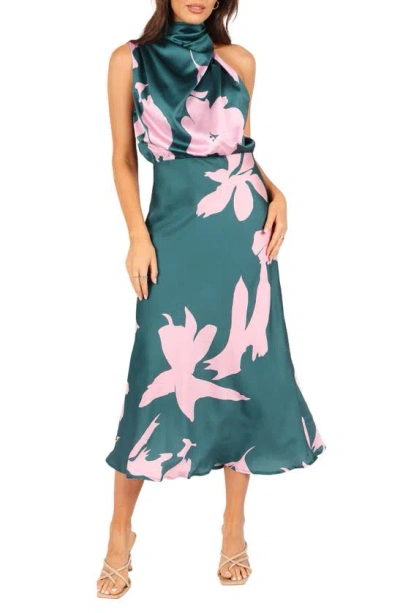 Petal And Pup Anabelle Mock Neck Satin Midi Dress In Green Pink
