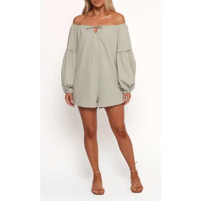 Petal And Pup Petal & Pup Anette Off The Shoulder Long Sleeve Cotton Romper In Sage