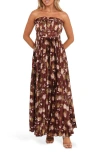 Petal And Pup Petal & Pup Angelique Print Strapless Maxi Dress In Brown