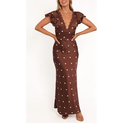 Petal And Pup Petal & Pup Arella Dot Satin Maxi Dress In Brown