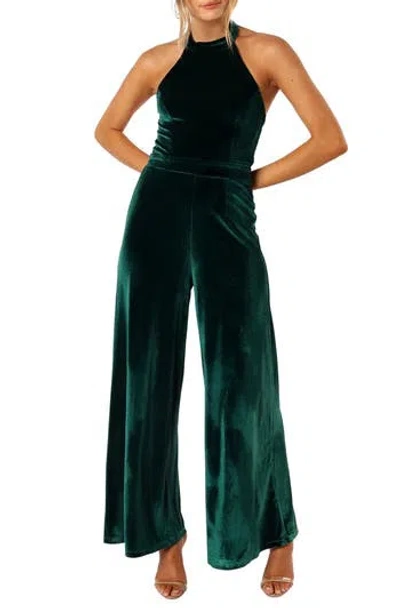 Petal And Pup Petal & Pup Aria Velvet Wide Leg Halter Jumpsuit In Green