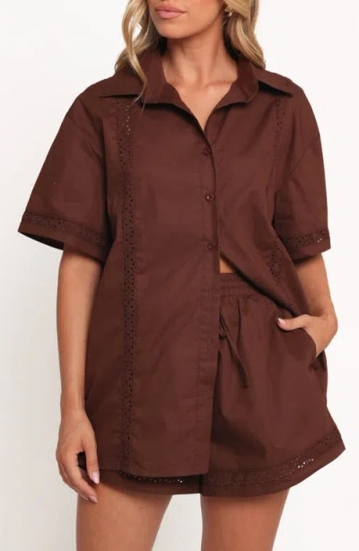 Petal And Pup Petal & Pup Austin Eyelet Trim Short Sleeve Cotton Button-up Shirt In Brown