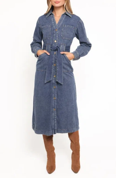 Petal And Pup Petal & Pup Ballina Tie Waist Long Sleeve Denim Midi Dress In Blue