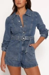 Petal And Pup Petal & Pup Brady Belted Denim Long Sleeve Romper In Blue