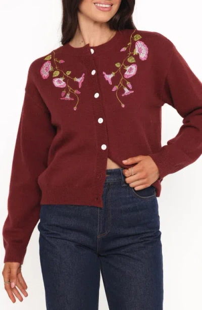 Petal And Pup Petal & Pup Brittany Floral Embroidered Cardigan Sweater In Burgundy