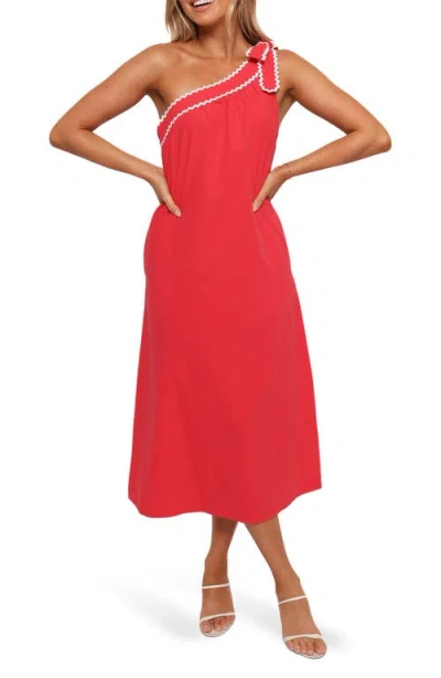 Petal And Pup Petal & Pup Brynlee Rickrack Trim One-shoulder Cotton Midi Dress In Animal Print