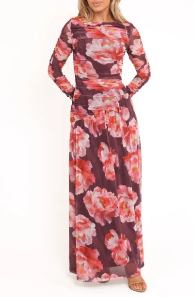 Petal And Pup Petal & Pup Calypso Floral Ruched Long Sleeve Mesh Maxi Dress In Multi