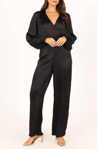 Petal And Pup Petal & Pup Cameron Surplice Long Sleeve Satin Jumpsuit In Black