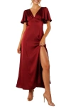 Petal And Pup Petal & Pup Casper Flutter Sleeve Satin Dress In Burgundy