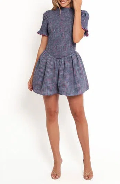Petal And Pup Petal & Pup Celine Check Puff Sleeve Fit & Flare Minidress In Blue