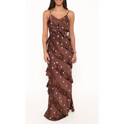Petal And Pup Petal & Pup Ciao Floral Ruffle Satin Maxi Dress In Brown