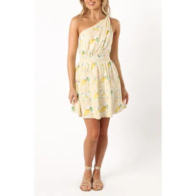 Petal And Pup Petal & Pup Cintrico Lemon Print One-shoulder Cotton Minidress In Neutral