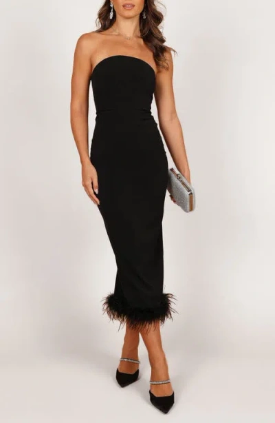 Petal And Pup Petal & Pup Clara Feather Trim Strapless Cocktail Midi Dress In Black