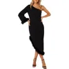 Petal And Pup Petal & Pup Dame Feather Trim Single Long Sleeve Midi Cocktail Dress In Black