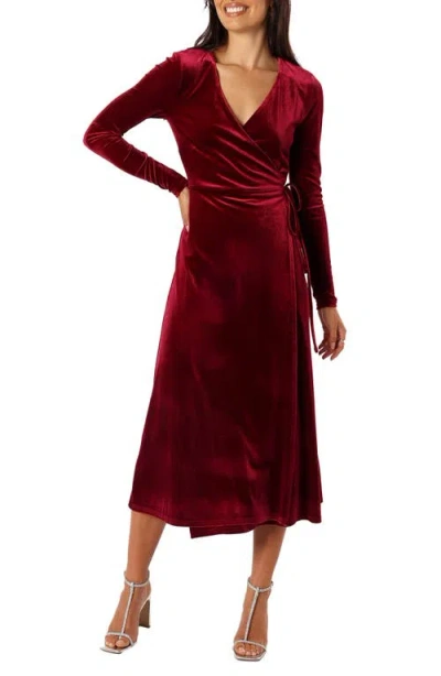 Petal And Pup Petal & Pup Darby Long Sleeve Velvet Midi Wrap Dress In Burgundy