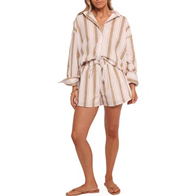 Petal And Pup Petal & Pup Dean Stripe Cotton Button-up Shirt & Shorts Set In Brown