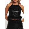Petal And Pup Petal & Pup Della Feather Trim Sequin Halter Top In Black