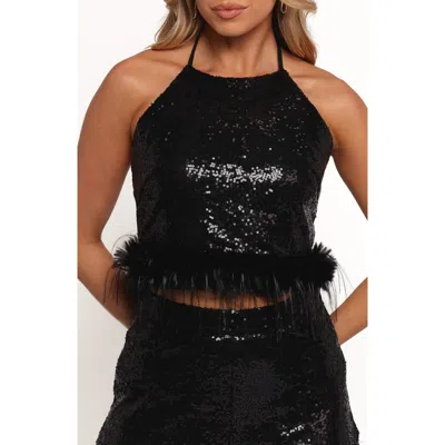 Petal And Pup Petal & Pup Della Feather Trim Sequin Halter Top In Black