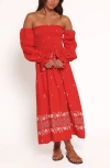 Petal And Pup Petal & Pup Domenica Smocked Off The Shoulder Linen & Cotton Midi Dress In Red