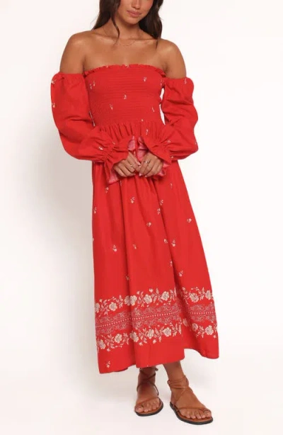 Petal And Pup Petal & Pup Domenica Smocked Off The Shoulder Linen & Cotton Midi Dress In Red