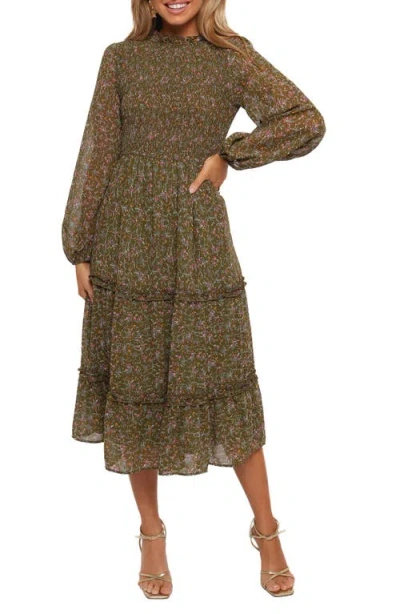 Petal And Pup Petal & Pup Edwina Floral Long Sleeve Tiered Midi Dress In Brown