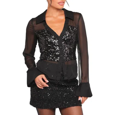 Petal And Pup Petal & Pup Eliana Sequin Mesh Long Sleeve Button-up Shirt In Black