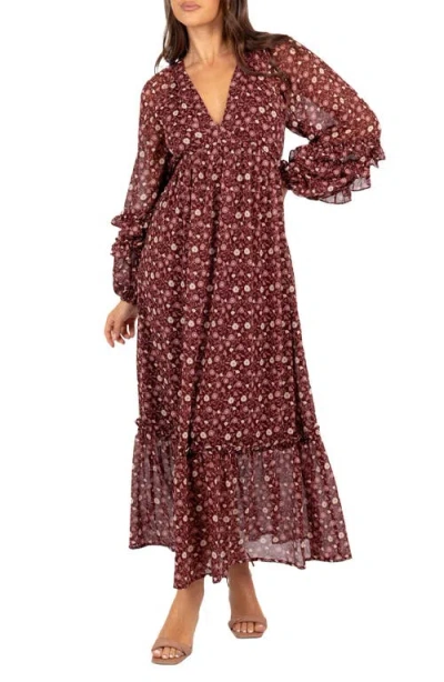 Petal And Pup Petal & Pup Evian Floral Print Long Sleeve Maxi Dress In Burgundy