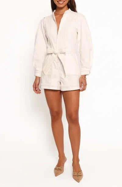 Petal And Pup Petal & Pup Fawn Tie Waist Denim Romper In Neutral