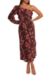 Petal And Pup Petal & Pup Floral One-shoulder Plissé Midi Dress In Brown