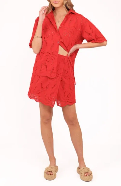 Petal And Pup Petal & Pup Gallie Cotton Eyelet Button-up Shirt & Wrap Skirt Set In Red
