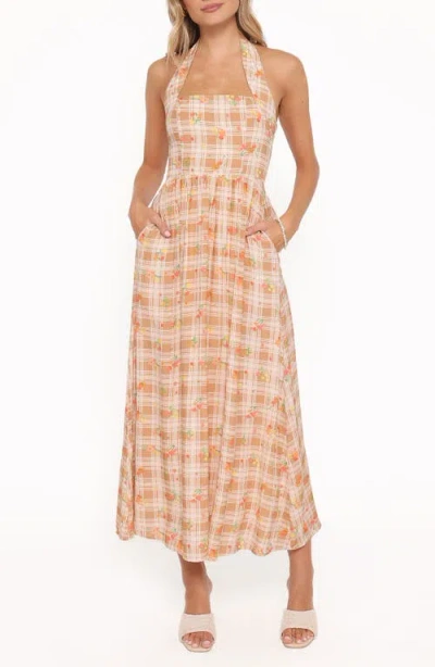 Petal And Pup Petal & Pup Gemini Floral Check Halter Neck Maxi Dress In Neutral