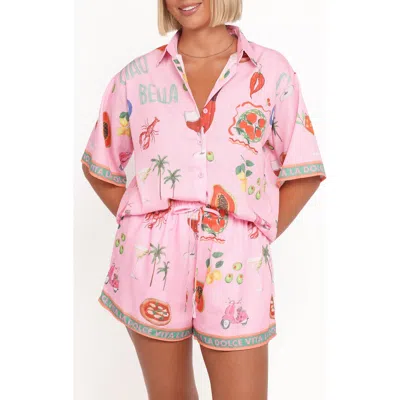 Petal And Pup Petal & Pup Giulia La Dolce Vita Print Button-up Shirt & Shorts Set In Pink