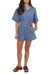 Petal And Pup Petal & Pup Hailey Belted Cotton Denim Romper In Blue