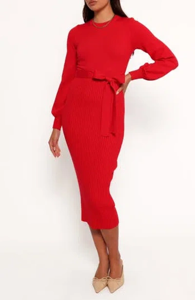 Petal And Pup Petal & Pup Helena Belted Long Sleeve Sweater Dress In Red