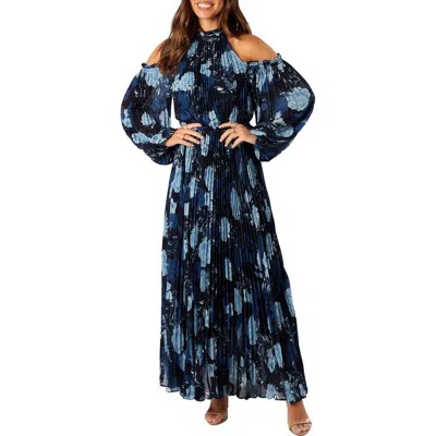 Petal And Pup Petal & Pup Hilary Floral Cold Shoulder Long Sleeve Maxi Dress In Blue