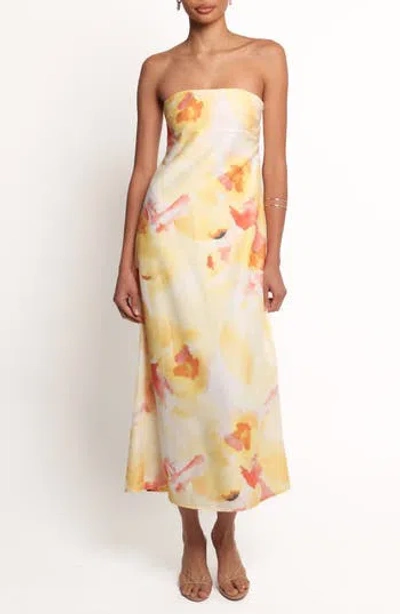 Petal And Pup Petal & Pup Hydra Strapless Satin Midi Dress In Yellow