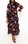 Petal And Pup Petal & Pup Isadora Floral Print Ruffle Long Sleeve Maxi Dress In Black Blurred Floral