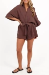 Petal And Pup Petal & Pup Jemmy Tie Waist Cotton Gauze Romper In Brown