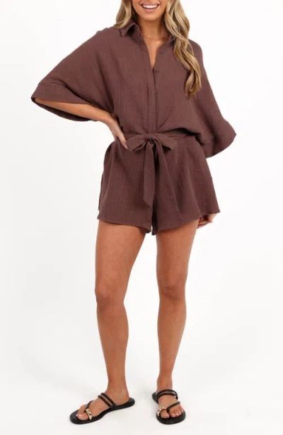 Petal And Pup Petal & Pup Jemmy Tie Waist Cotton Gauze Romper In Brown