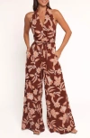 Petal And Pup Petal & Pup Kehlani Floral Halter Neck Wide Leg Cotton Blend Jumpsuit In Brown