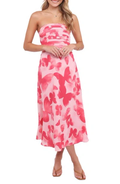 Petal And Pup Petal & Pup Kenna Print Strapless Midi Dress In Pink