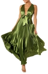Petal And Pup Petal & Pup Kris Plunge Neck Pleated Satin Gown In Green