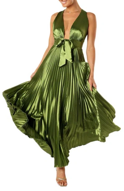 Petal And Pup Petal & Pup Kris Plunge Neck Pleated Satin Gown In Green