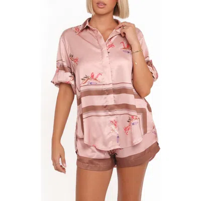 Petal And Pup Petal & Pup Lara Floral Print & Stripe Satin Button-up Shirt In Pink