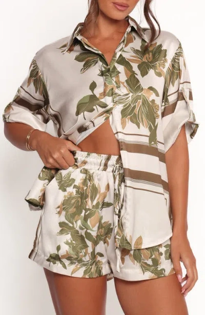 Petal And Pup Petal & Pup Lara Floral Print & Stripe Satin Shirt In Neutral