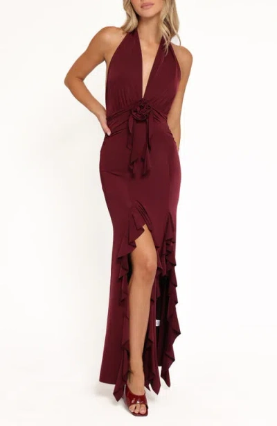 Petal And Pup Petal & Pup Leowna Ruffle Detail Halter Neck Maxi Dress In Burgundy