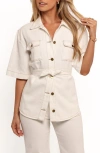 Petal And Pup Petal & Pup Lepal Belted Denim Short Sleeve Button-up Shirt In White