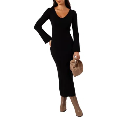Petal And Pup Petal & Pup Lina V-neck Long Sleeve Midi Sweater Dress In Black
