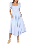 Petal And Pup Petal & Pup Linda Stripe Ruffle Sleeve Cotton Midi Dress In Blue
